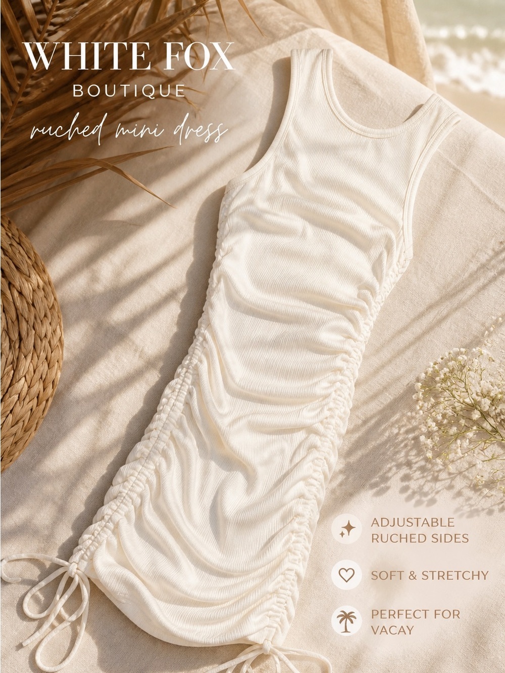White Fox Boutique Ruched Bodycon Dress Cream White Tank Mini Size Small